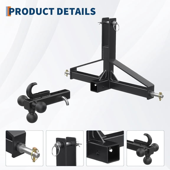 QinaQin 3-Point Quick Hitch Receiver,2" Receiver & 4-Way Ball Mount,10,000 lbs Capacity,Carbon Steel Tool Set,Low Triangle Single Hole for Category 1 Tractor,Black