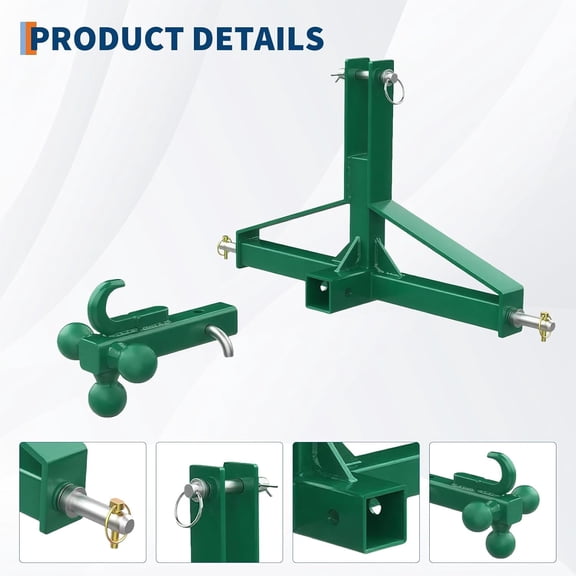 QinaQin 3-Point Quick Hitch Receiver,2" Receiver & 4-Way Ball Mount,10,000 lbs Capacity,Carbon Steel Tool Set,Low Triangle Single Hole for Category 1 Tractor,Green