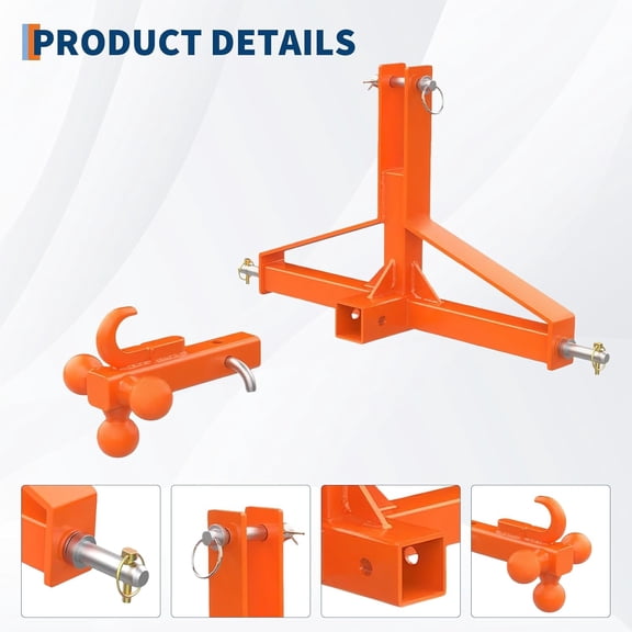 QinaQin 3-Point Quick Hitch Receiver,2" Receiver & 4-Way Ball Mount,10,000 lbs Capacity,Carbon Steel Tool Set,Low Triangle Single Hole for Category 1 Tractor,Orange