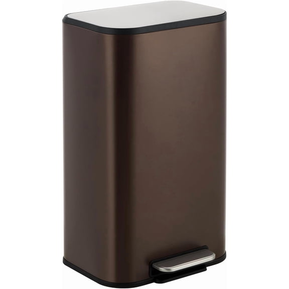 QinaQin 30L Stainless Steel Trash Can,Kitchen Garbage Bin with Soft-Close Lid,Foot Pedal & Removable Inner Bucket,Rectangular Waste Bin,Brown