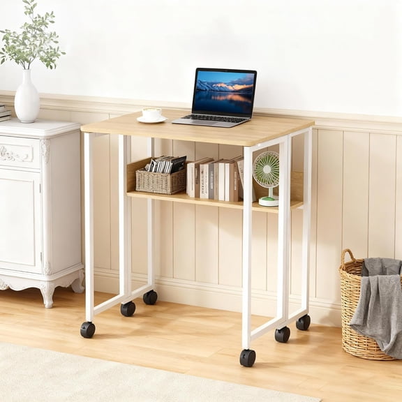 QinaQin 31.5 in Folding Table with Storage Shelf,Foldable Small Computer Desk with Wheels,Desk Table for Home Office,White