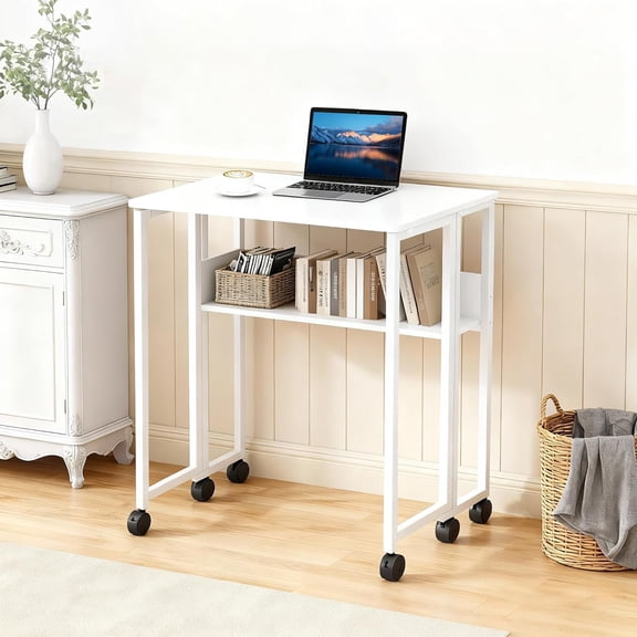 QinaQin 31.5 in Folding Table with Storage Shelf,Foldable Small Computer Desk with Wheels,Desk Table for Home Office,Wood
