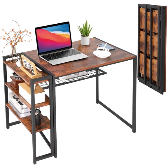 QinaQin 35-Inch Folding Computer Desk with Storage Shelves, Space-Saving, Sturdy and Durable, No Assembly Required