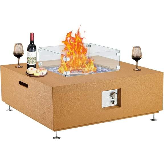 QinaQin 36 Inch Outdoor Propane Fire Pit Table,Patio Heater with Adjustable Thermostat Control Glass Wind Shield & Covers,Yellow