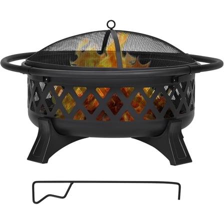 QinaQin 36 Inch Round Steel Firepit,Large Outdoor Wood Burning Fire Pit with Lid and Poker,for Patio,Outdoor Heating,Black