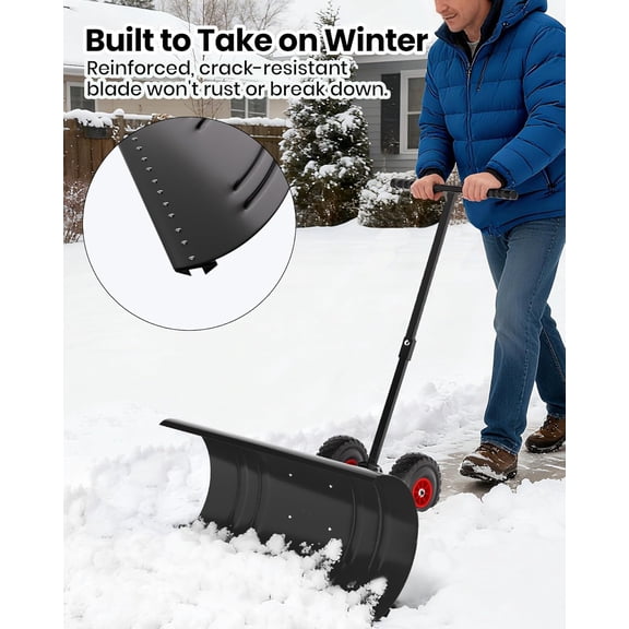 QinaQin 36In Heavy-Duty Steel Snow Plow,Height Adjustable Handle & All-Terrain Wheels,Adjustable Ang le Blade,Back-Saving Ergonomic Design for Efficient Snow Removal on Driveways,Yards,Black