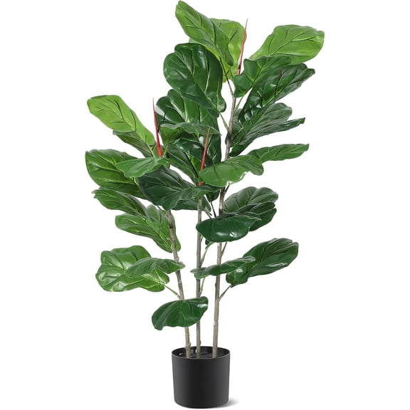 QinaQin 39 Inch Artificial Fiddle Leaf Fig Tree with Lifelike Leaves & Natural Wood Trunk, Faux Floor Plant in Pot for Home Office Living Room Indoor Decor, Black Basin with Straw Basin