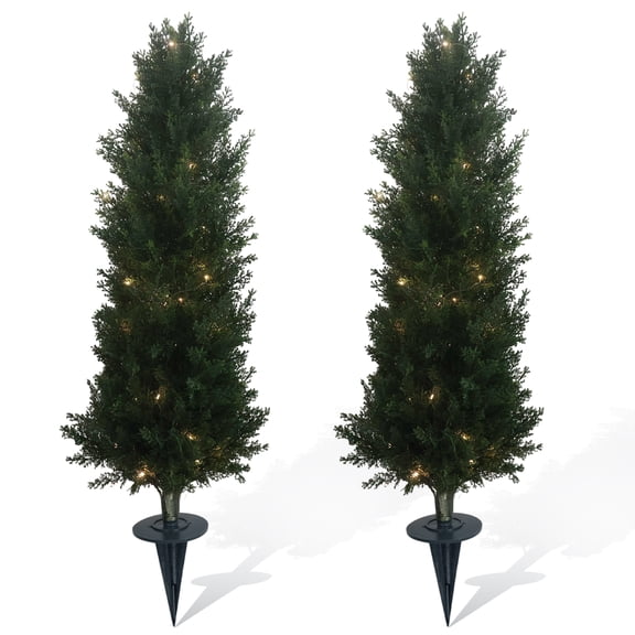 QinaQin 3FT Artificial Cedar Topiary Tree with Ground Spike, 2PCS UV Resistant Fake Evergreen Tree with Light, Faux Pine Cypress Tree for Home Porch Decor