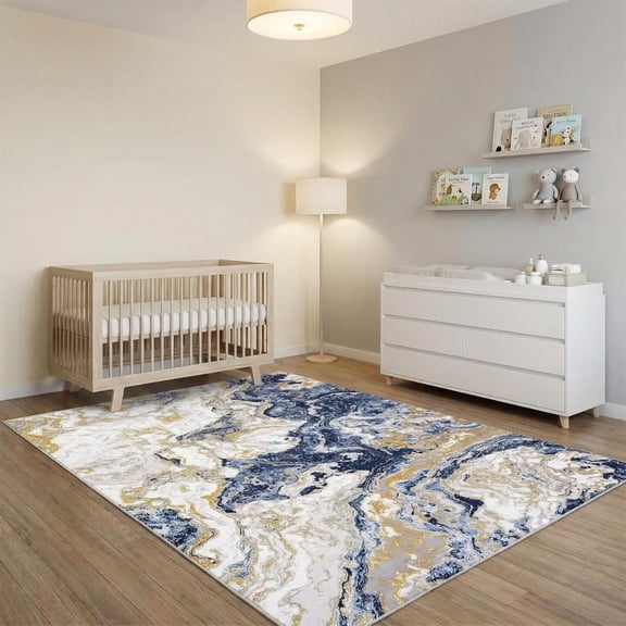 QinaQin 4×6 FT Washable Area Rug,Marble Entrance Mat,Non-Slip Foldable Indoor Rug,Soft Velvet Low Pile Mat for Bedside Office,Blue