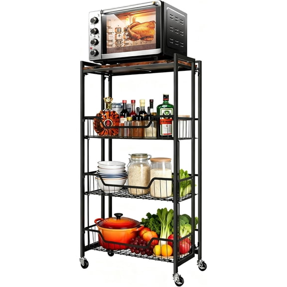 QinaQin 4-Tier Collapsible Wooden Storage Shelf,Heavy Duty 100 lbs Capacity,Locking Wheels,Space-Saving Organizer for Kitchen,Black frame Brown panel