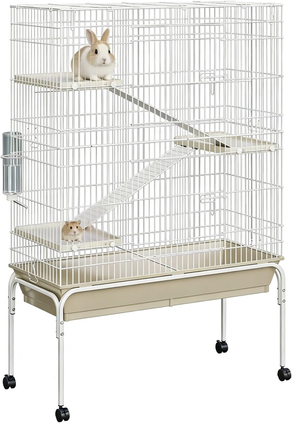 QinaQin 40-Inch Metal Small Animal Cage with Wheels – Multi-Level Habitat, Deep Tray, Removable Ramps, Easy Cleaning, Secure, Includes Water Bottle & Food Bowl,White