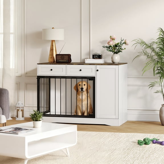 QinaQin 47-Inch Vintage White Wooden Dog Crate Side Table, Indoor Pet House Side Table, Double-Door Design, Chew-Resistant, Suitable for Small To Medium-Sized Dogs