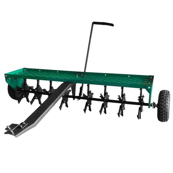 QinaQin 48 Inch Tow Behind Dethatcher,Pull Behind Lawn Dethatcher with 32 Spring Steel Tines Weight Tray & Transport Wheels | Universal Hitch,Green