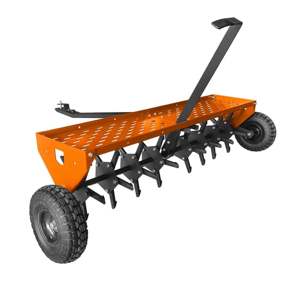 QinaQin 48 Inch Tow Behind Dethatcher,Pull Behind Lawn Dethatcher with 32 Spring Steel Tines Weight Tray & Transport Wheels | Universal Hitch,Orange