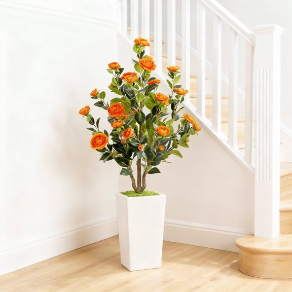 QinaQin 4FT Artificial Camellia Tree in Pot, Realistic Fake Flower Plant for Home Office Decor