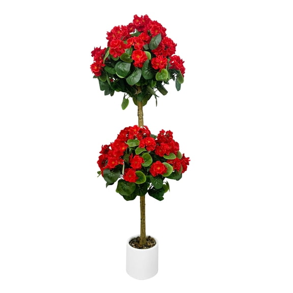QinaQin 4FT Artificial Flower Topiary Ball Tree, Geranium Flower with White Plant, Faux Potted Decorative Plant with Flowers for Backyard Home Decor, Red