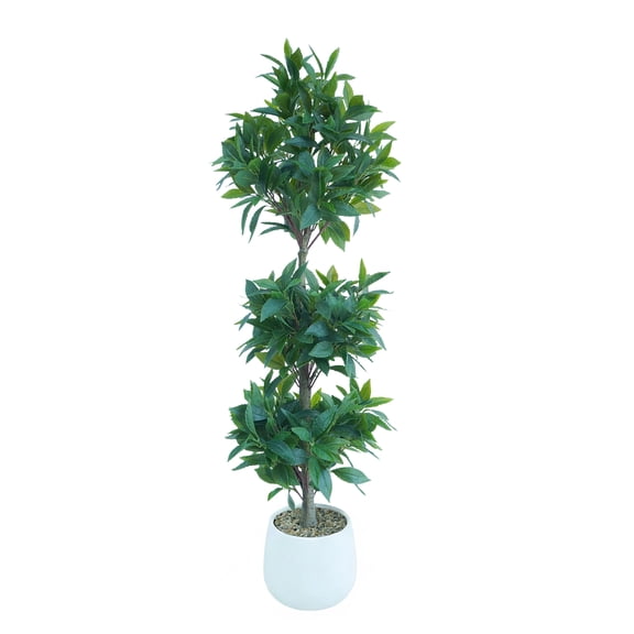 QinaQin 4FT Artificial Laurel Triple Ball Topiary Tree in Pot, UV-Resistant Faux Greenery with Realistic Moss for Indoor & Outdoor Decor, White Basin