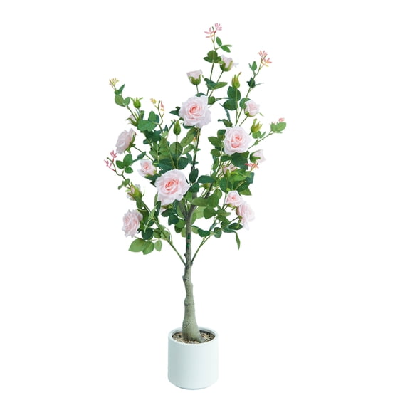 QinaQin 4FT Artificial Rose Flower Tree, Faux Potted Flower Tree With White Plant, Faux Decorative Plant with Flowers for Front Porch Backyard Balcony, Pink