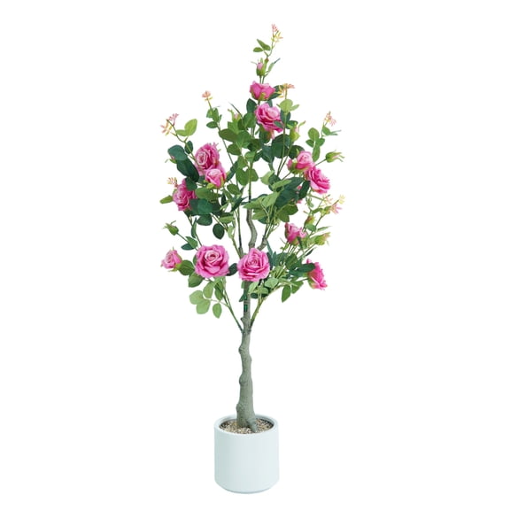 QinaQin 4FT Artificial Rose Flower Tree, Faux Potted Flower Tree With White Plant, Faux Decorative Plant with Flowers for Front Porch Backyard, Rose Red