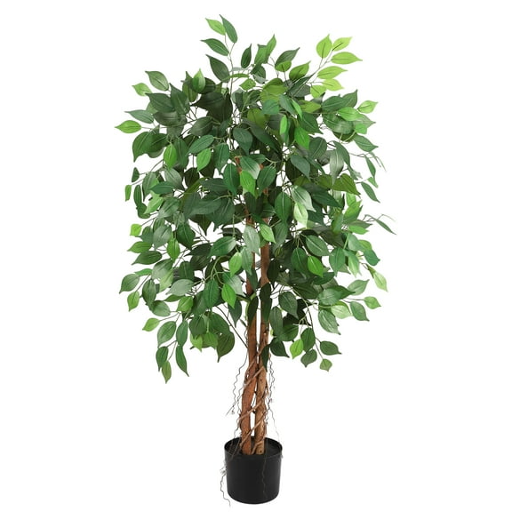 QinaQin 4ft 2 Pack Artificial Ficus Tree with Natural Wood Trunks,Fake Tree with Pot