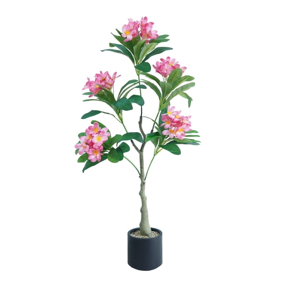 QinaQin 4ft Artificial Plumeria Tree with Pink Blooms in Pot, Lifelike Tropical Frangipani Plant for Home, Office & Patio Decor, Black Basin