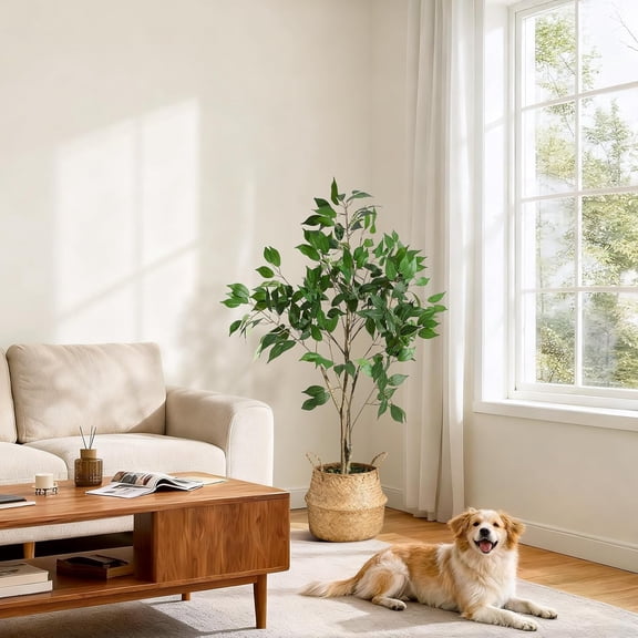 QinaQin 4ft Ficus Trees Artificial Indoor,Fake Indoor Plant with with Natural Wood Trunk and Lifelike Fruits,Artificial Plants for Home Office Living Room Decor, Housewarming Gift