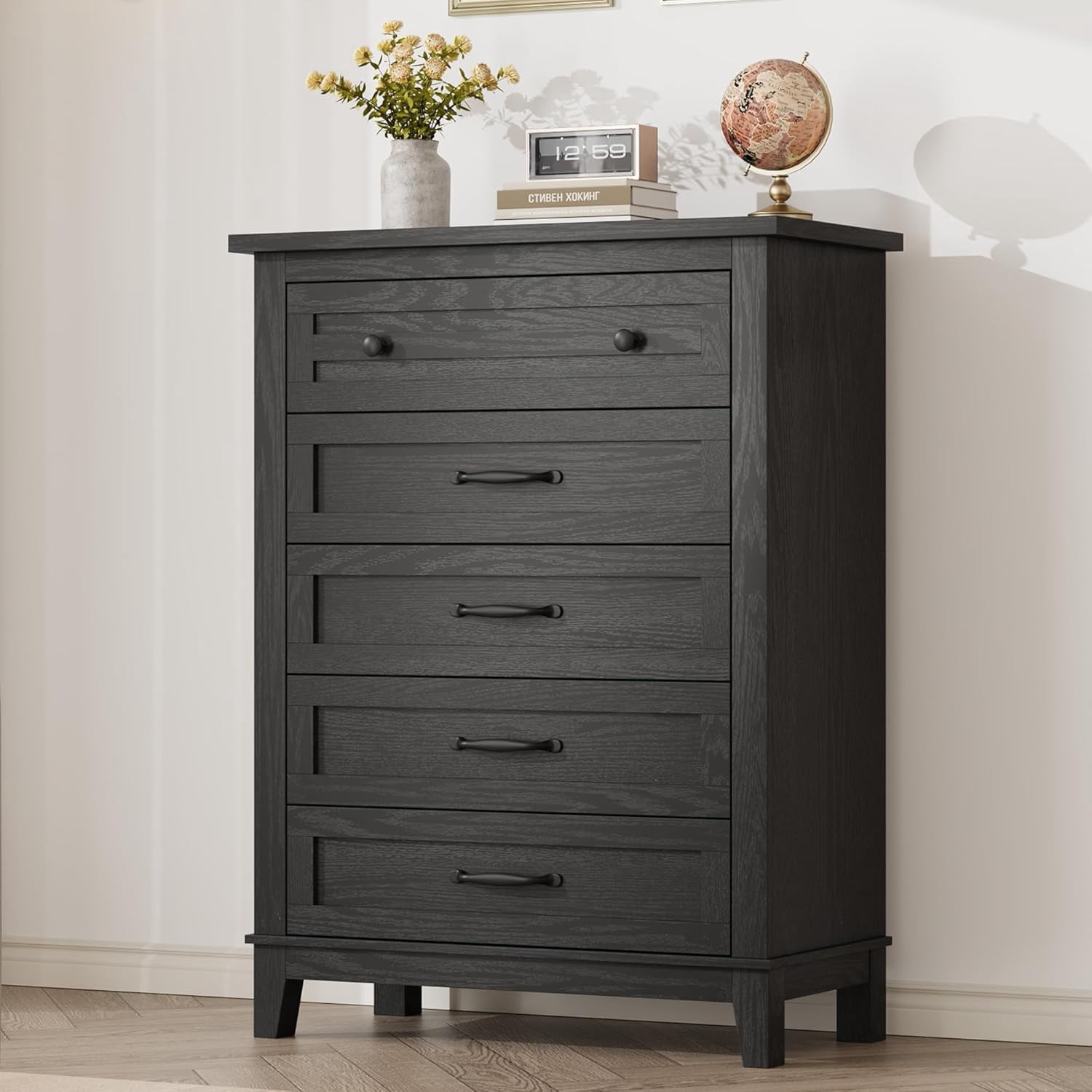 QinaQin 5 Dresser for Bedroom,Vertical Drawer Dresser with Large Storage,Freestanding Wooden Closet Chest for Bedroom,Living Room,Black