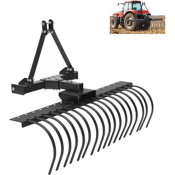 QinaQin 50 Inch 3 Point Landscape Rake,360°Rotation and 17 Spring Steel Tines,Pine Straw Harrow for Lawn Care,Farm,Black