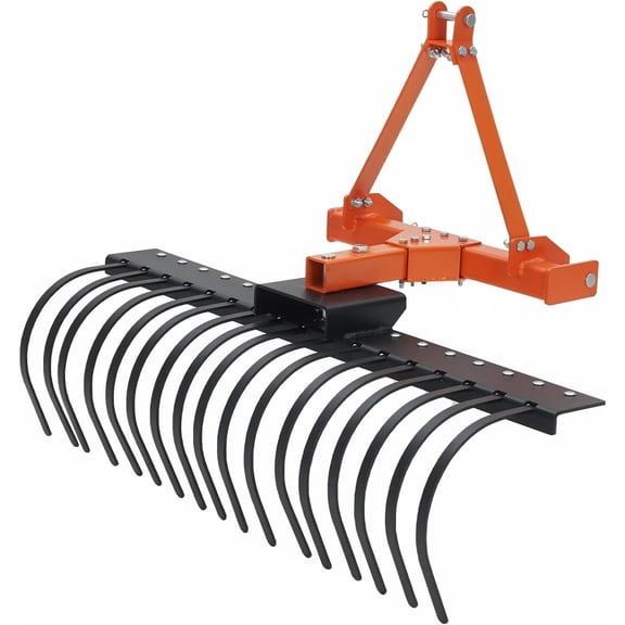 QinaQin 50Inch 3 Point Hitch Tractor Rake,Landscape Rake Category-0 Cat-1 Tractor with 360 Degree Rotation,Replaceable Spring Steel Tines,Quick Mount for Clearing Brush,Raking Arenas,Orange tripod