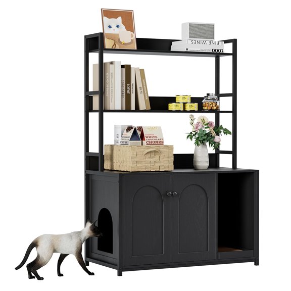 QinaQin 52-Inch Litter Box Cabinet with 2 Storage Shelves, Large Concealed Litter Box Furniture with Doors, Wooden Indoor Cat Cabinet, Includes Scratching Post