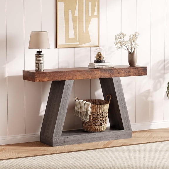 QinaQin 55Inch 2-Tier Console Table,Narrow Entryway Table with Storage,Wood Sofa Table Behind Couch Table for Living Room,Bedroom,Gray and Brown