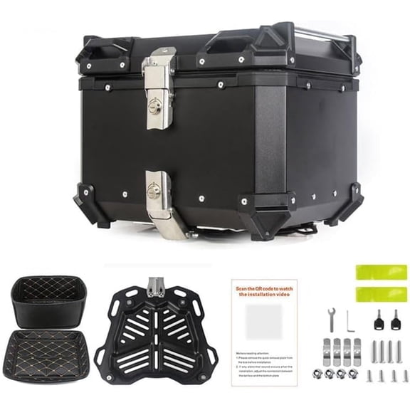 QinaQin 55L Motorcycle Top Case, Universal Aluminum Rear Trunk, Lockable Waterproof Motorbike Tail Box with Reflective Strips,Flat Black