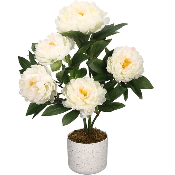 QinaQin 55cm Set of 2 Peonies Artificial Flowers, Faux Peonies with Realistic White Flowers & Green Leaves, Indoor Outdoor Fake Potted Plant for Living Room Home Office Porch Decor