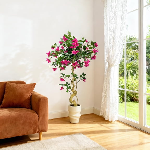 QinaQin 5FT Artificial Bougainvillea Tree, 120 cm Large Realistic Faux Tree in Pot, with Flowers and Leaves, Home Decor Large Artificial Bougainvillea Plant