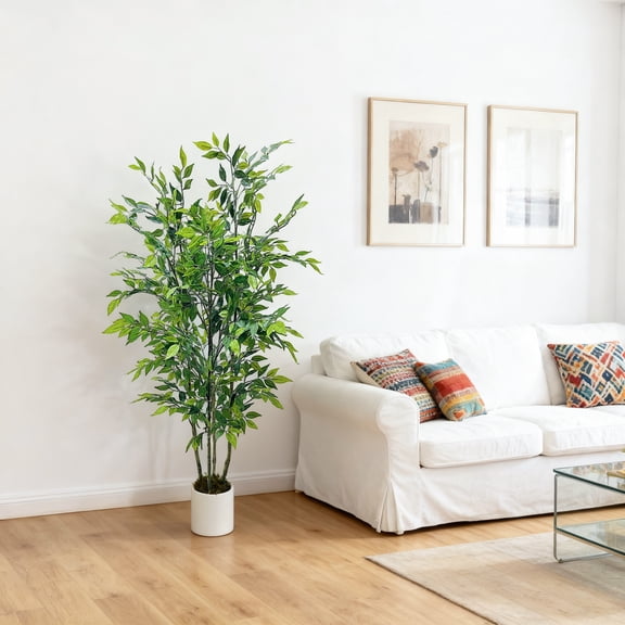 QinaQin 5Ft Artificial Ficus Tree, 59" Silk Fake Ficus Leaves Plant with White Imitation Ceramic Planter, Indoor Outdoor Potted Faux Tree