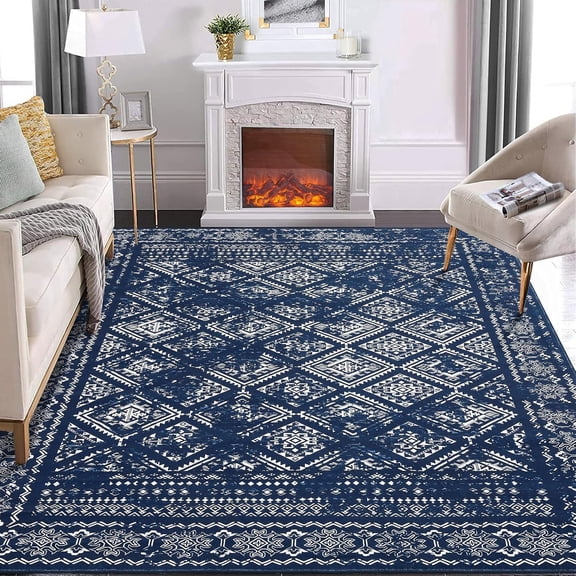 QinaQin 6×9 FT Washable Rug,Non Slip Non Shedding Vintage Hallway Runner Rug,Stain Resistant Low Pile Floral Distressed Carpet for Kitchen Entryway,Dark Blue