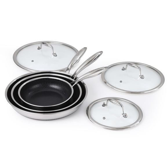 QinaQin 6 Piece Nonstick Frying Pan Set, 8 10 12 Inch Tri Ply Steel Skillets with Glass Lids for All Cooktops
