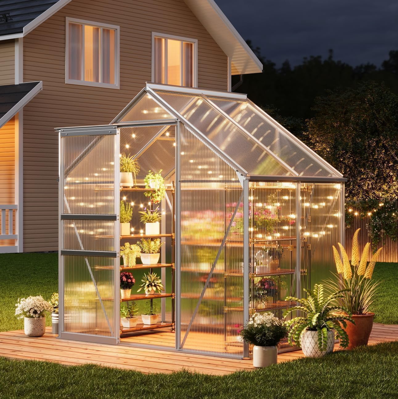 QinaQin 6 x 4 FT Outdoor Greenhouse,Polycarbonate Greenhouses with Aluminum Frame,Sliding Door,Adjustable Roof Vent for Backyard,Green Houses for Outside Garden,Silver