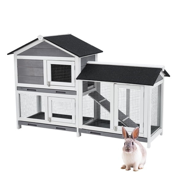 QinaQin 63-Inch Indoor Rabbit Cage with 3 Leak-Proof Trays, Wooden Waterproof Roof, Suitable for Both Indoor and Outdoor Use, Double-Layer Rabbit/Chicken House, Gray-Black