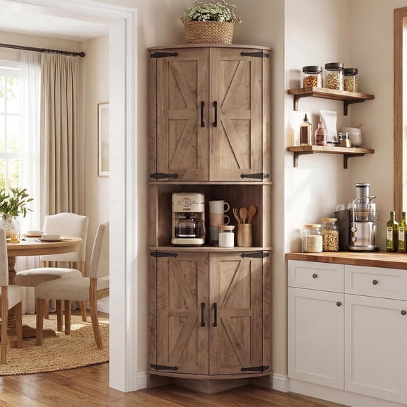 QinaQin 65Inch Tall Corner Cabinet with Doors,Farmhouse Corner Storage Cabinet,Freestanding Corner Pantry Cabinet with Adjustable Shelves,Triangle Cupboard for Bathroom & Kitchen