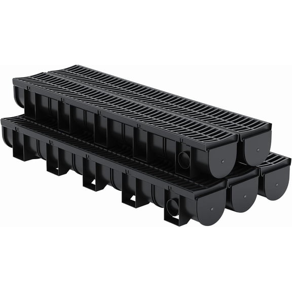 QinaQin 6PC Trench Drain System,Driveway Drainage Channel with Plastic Grates & End Caps,Heavy Duty for Patio,Garage,Yard,Black
