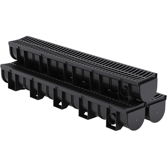 QinaQin 6PC Trench Drain System,Driveway Drainage Channel with Plastic Grates & End Caps,Heavy Duty for Patio,Garage,Yard,Black
