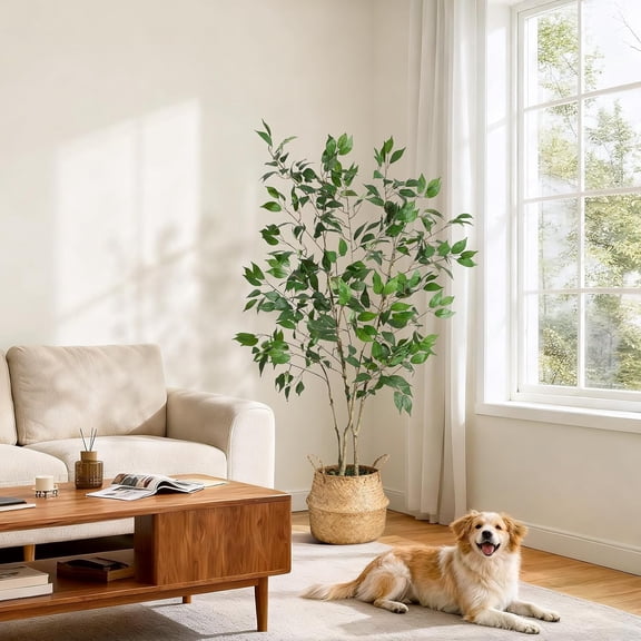 QinaQin 6ft Ficus Trees Artificial Indoor,Fake Indoor Plant with with Natural Wood Trunk and Lifelike Fruits,Artificial Plants for Home Office Living Room Decor, Housewarming Gift