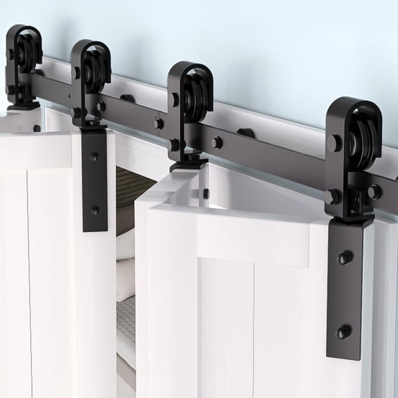 QinaQin 72-Inch Bi-Fold Barn Door Hardware Kit, Suitable for 4 Doors, Heavy-Duty Black Sliding Track System, Easy To Assemble, Runs Smoothly and Quietly (Doors Not Included)