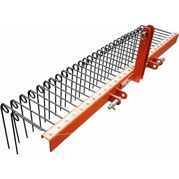 QinaQin 72Inch Pine Straw Rake,Tractor Landscape Rake witn 30 Spring Tine, Lawn Dethatcher,Tow Behind Soil & Gravel Leveler,Orange + Black