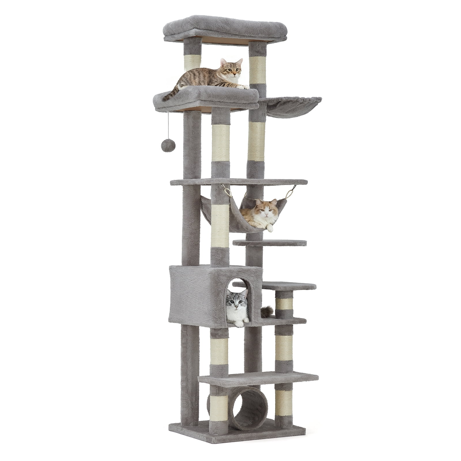 QinaQin 74 Inch Cat Tree for Large Cats, Multi Level Tower with Sisal Posts, Condo, Toys and Spacious Top Perch