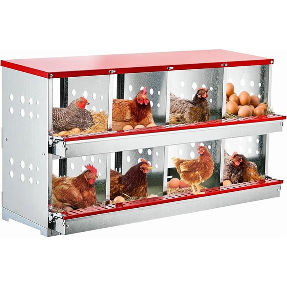 QinaQin 8 Compartment Nesting Boxes for Chickens,Forward RollOut & Rollaway,Metal Heavy Duty Chicken Coop with Perch,Nesting Boxes for Hens,Duck Poultry,Red