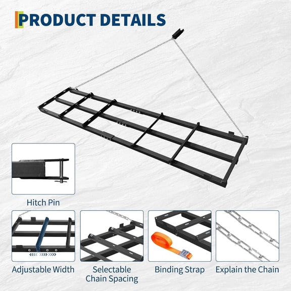QinaQin 8 Ft Drag Harrow,Tow Behind Driveway Grader with Chain & 4 Safety Belts,Adjustable Gravel Rake for ATV,UTV,Black