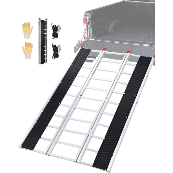 QinaQin 85x54 in Tri Fold Snowmobile Ramp for Truck,Heavy Duty Aluminum Loading Ramp with Ski Tracks & Straps for Van Pickup Trailer,Black