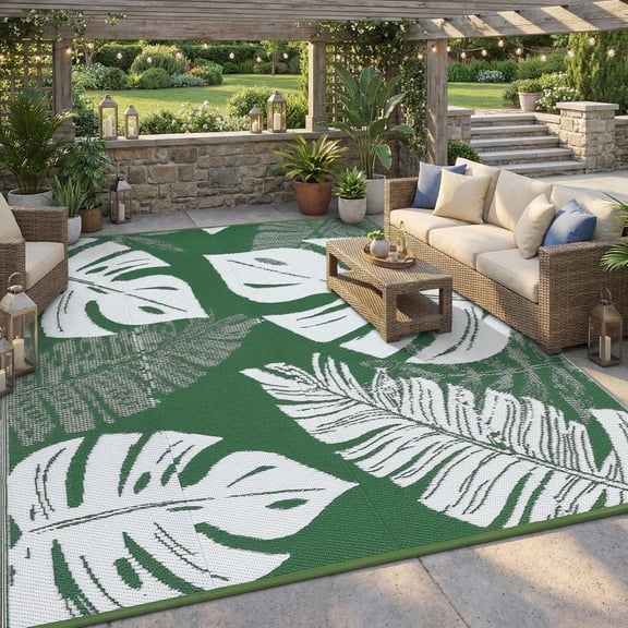 QinaQin 8x10 FT Outdoor Rug,Waterproof Reversible Plastic Straw Rugs Modern Leaf Patio Rug Indoor Outdoor Carpet RV Mat for Deck Backyard Patio,Leaf|green
